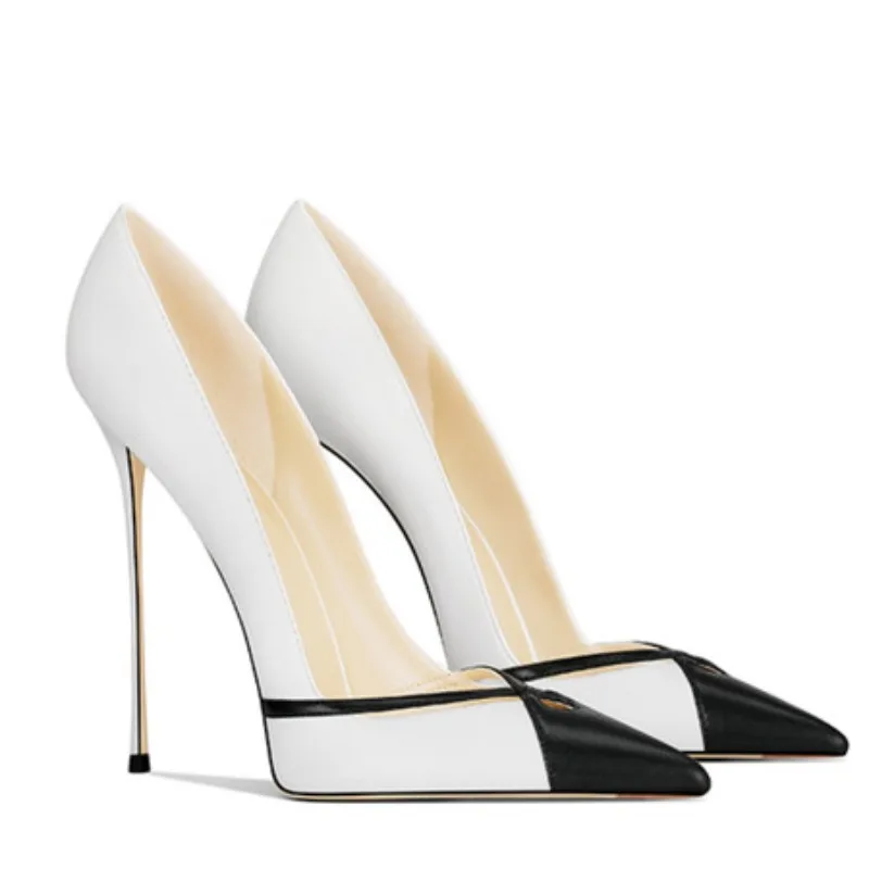

White Matte Leather High Heels Patchwork Pointed Toe Shallow Stilettos Pumps Slip-on Banquet Shoes