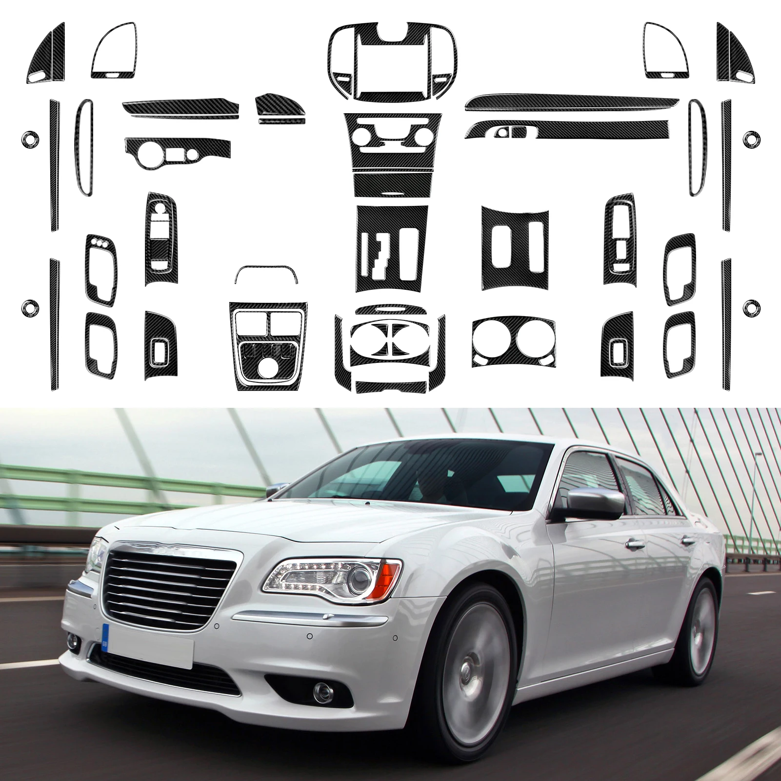 For Chrysler 300 (2011-2014) Car Center Console Gear Shift Panel Steering Wheel Cover Carbon Fiber Interior Sticker Accessories