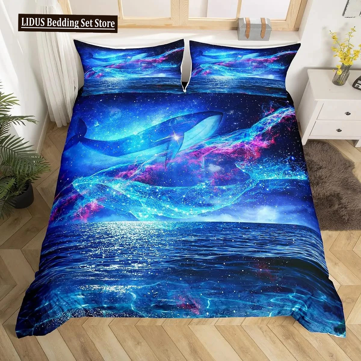 

Whale Duvet Cover Set Queen Size Starry Stars Universe Nebula Comforter Cover Blue Galaxy Ocean Theme Sea Creatures Bedding Set