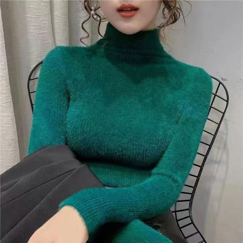 

High Neck Women Slim Warm Sweater Solid Basic All-Match Multi-Color Pullover Elegant Office Lady Knit Top Casual Chic New Trend