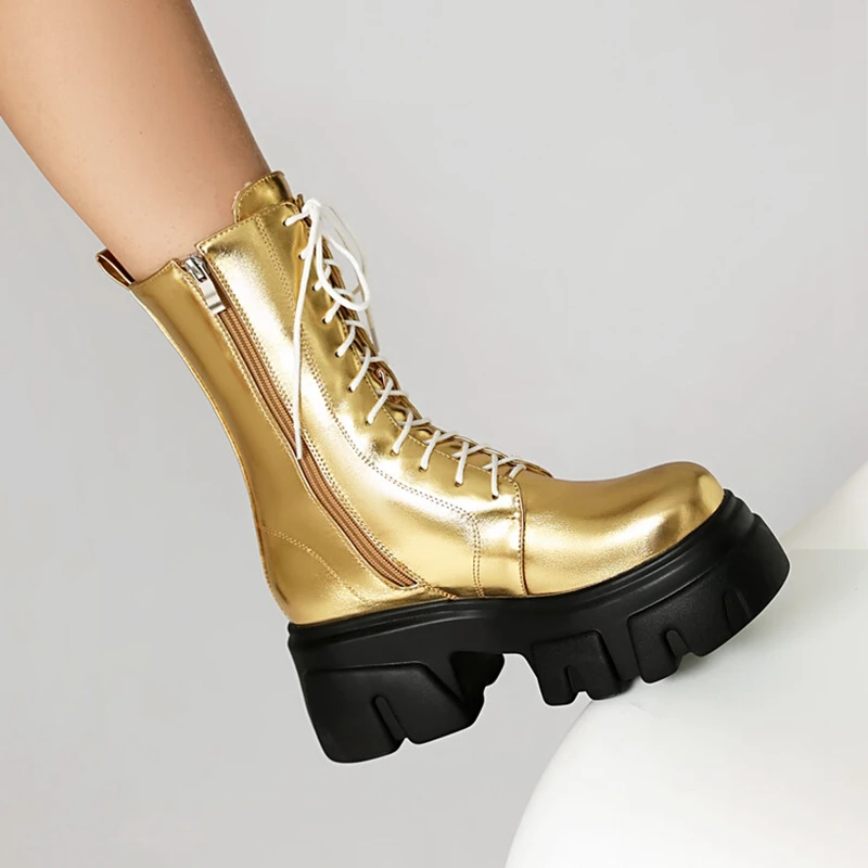 REAVE CAT 8cm Heel 5.5cm Platform Mortorcycle Boots Midcalf Autumn Strap Up Antislip Shoes Big Size 41 42 43 44