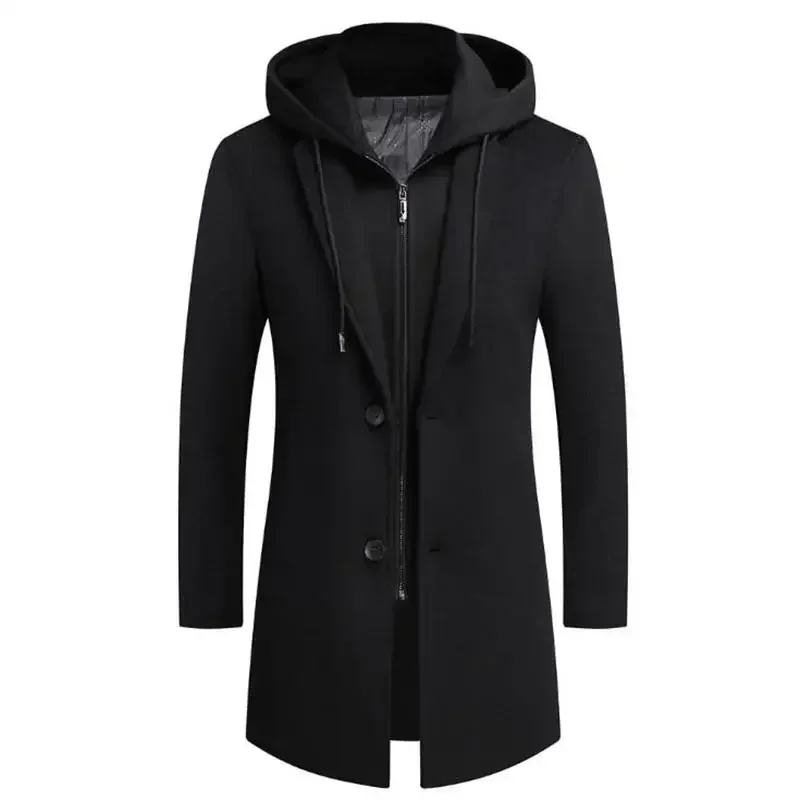 Autumn Winter Men Hooded Wool Jacket Autumn Mens Long Windproof Wool Coat Casual Thick Slim Jacket Male Size M-5Xl 4 Colors