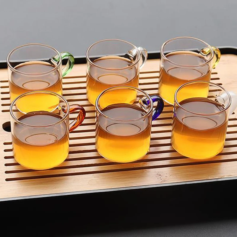 4/6pcs Transparent Glass Teacup with Handle Kung Fu Tea Cup Set Master Thick Heat-Resistant Coffee Wine Glasses Kitchen Tools