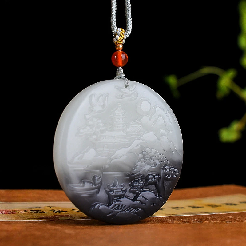 Smoke Purple Circular Landscape Sign Pendant Men's and Women's Sculpture Versatile Jade Pendant