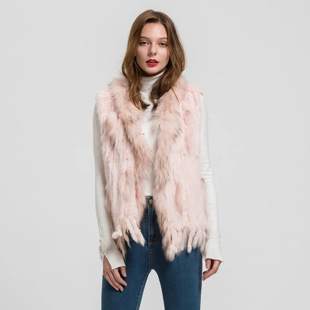 High Level Women Fur Gilet Sleeveless Rabbit Fur Knitted Vest With Raccoon Fur Collar