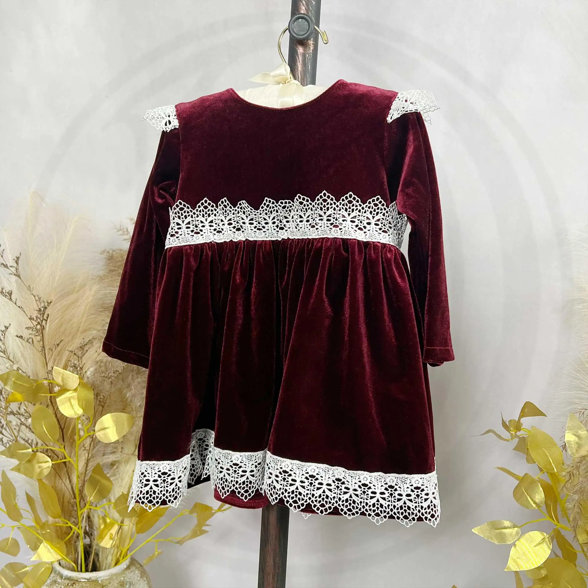 Don&Judy Baby Girl Dress Lace Trim Skirt Long Sleeves Korean Fleece Dress For Autumn Baby Birthday Gift Cloth For Photography