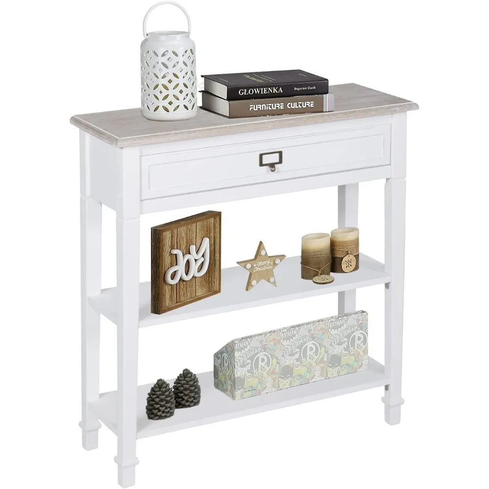 

White Console Table with Drawer and Storage Shelf Accent Sofa Table for Entryway Living Room Hallway