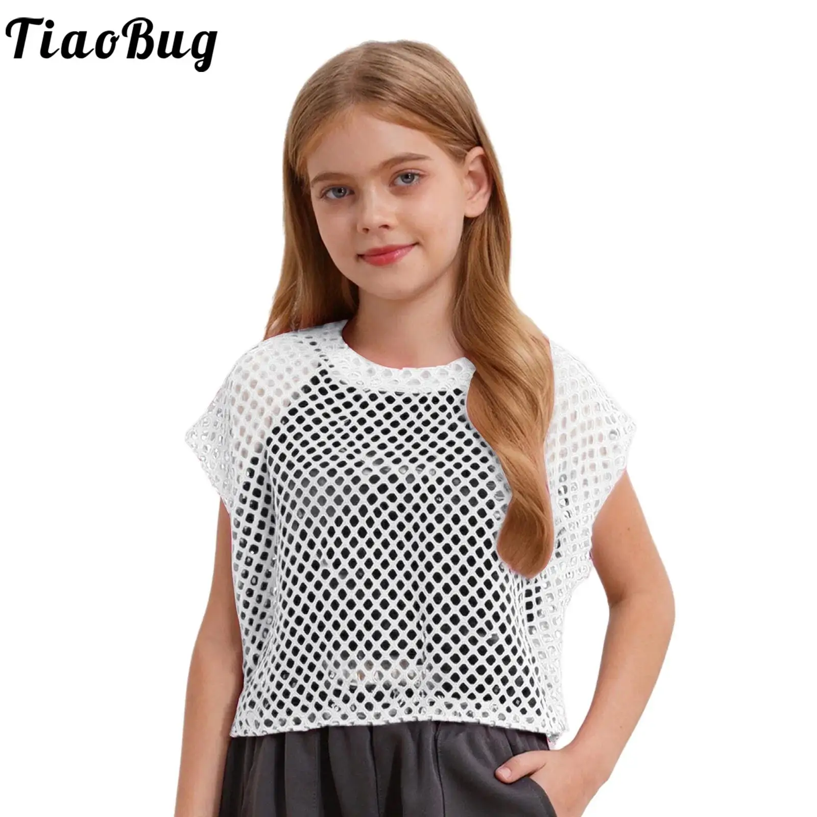 

Girls Hollow Out Mesh Jazz Hip-Hop Street Dance T-Shirt See-Through Short Sleeve Crop Top Skateboarding Sportswear Streetwear
