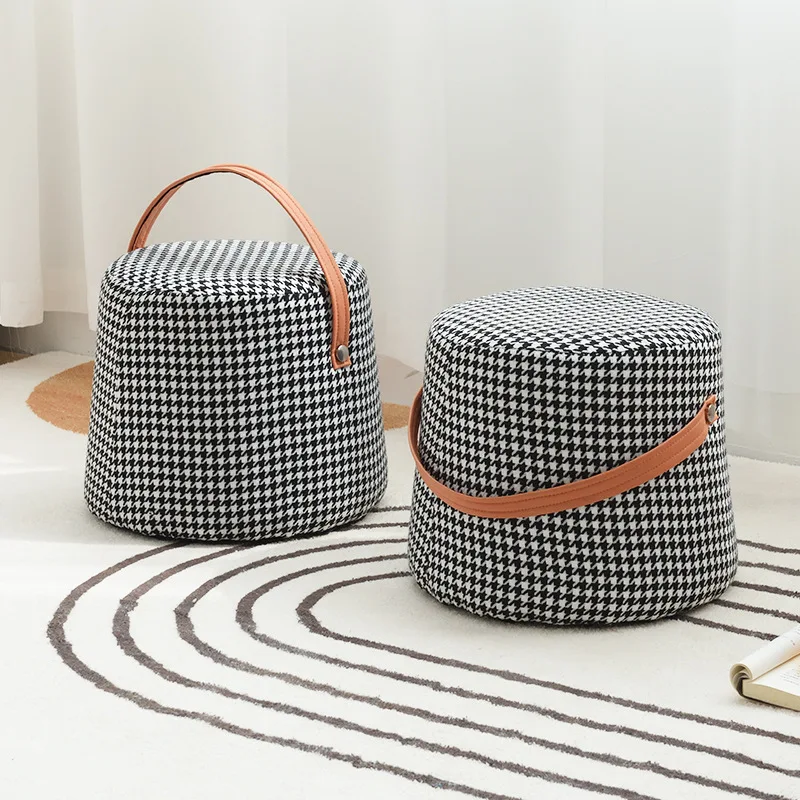 

Houndstooth Pouf Nordic Fabric Small Stool Hallway Ottoman Living Room Pedal Sofa Ottoman Portable Creative Pouf Round Stool