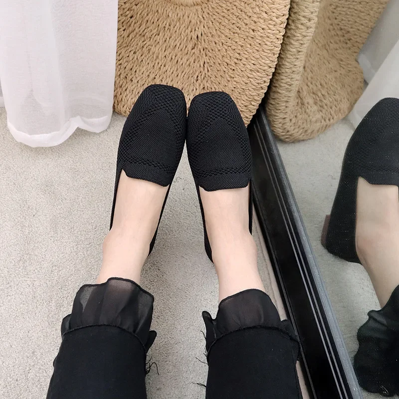 2023 New Female Ballet Shoes Women Square Toe Flat Bottom Knit Fabric Daily Loafers Summer Soft Sole Breathable Mesh Drive Shoes