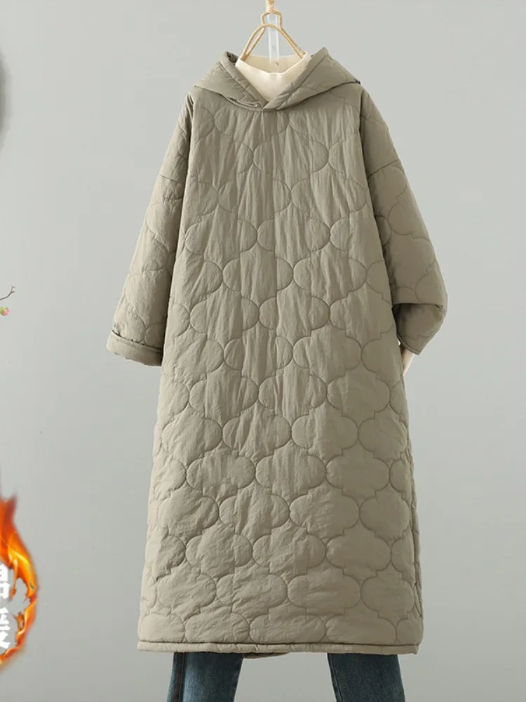 

Элитное женское зимнее утепленное длинное пальто с капюшоном и геометрическим узором в стиле ретро, свободного кроя, из хлопка