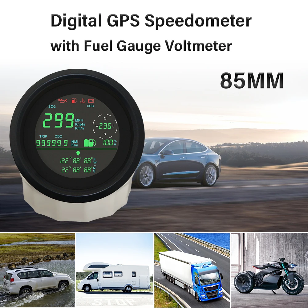 

ELING 85mm Digital GPS Speedometer 0-299km/h MPH Knots Trip COG Fuel Level Gauge Voltmeter for Boat Truck Motorbike