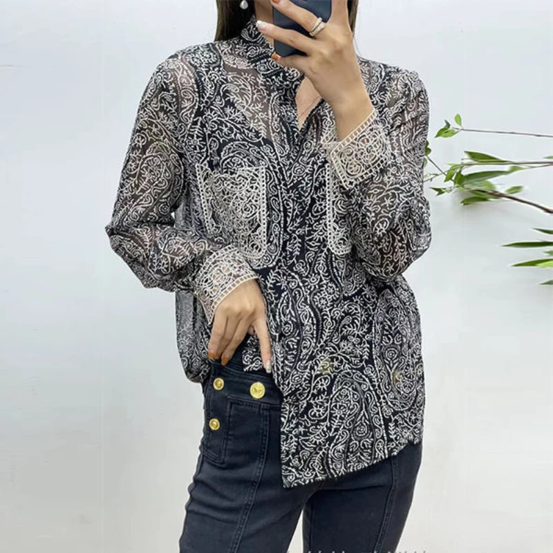 European and American Style Spring and Summer New Style Stand Collar Single Breasted Cashew Nut Print Casual Embroidered Pocket