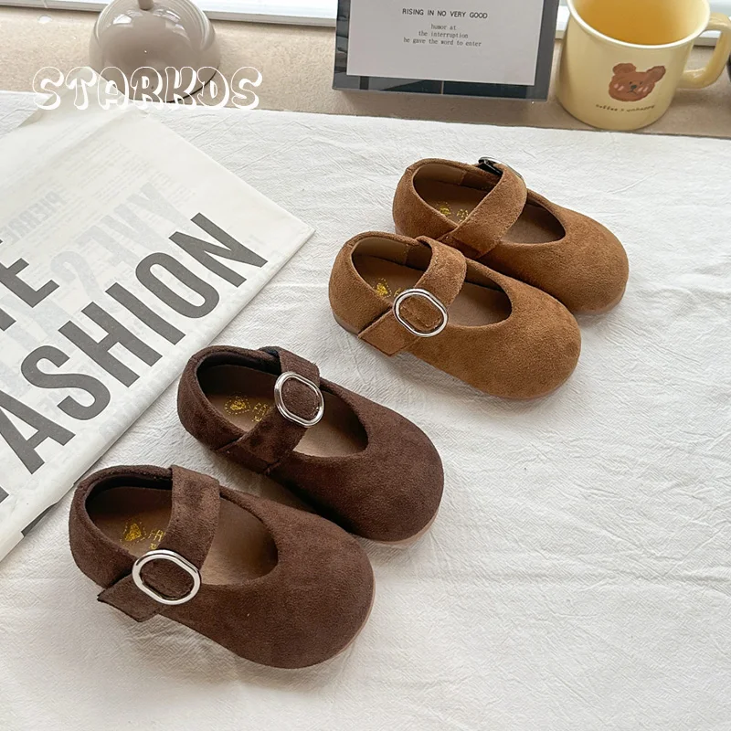 

Casual Round Toe Ballet Flat Shoe Kid Girl Autumn Vintage Suede Shallow Loafers Baby Child Soft Anti-Slip Versatile Dress Shoes