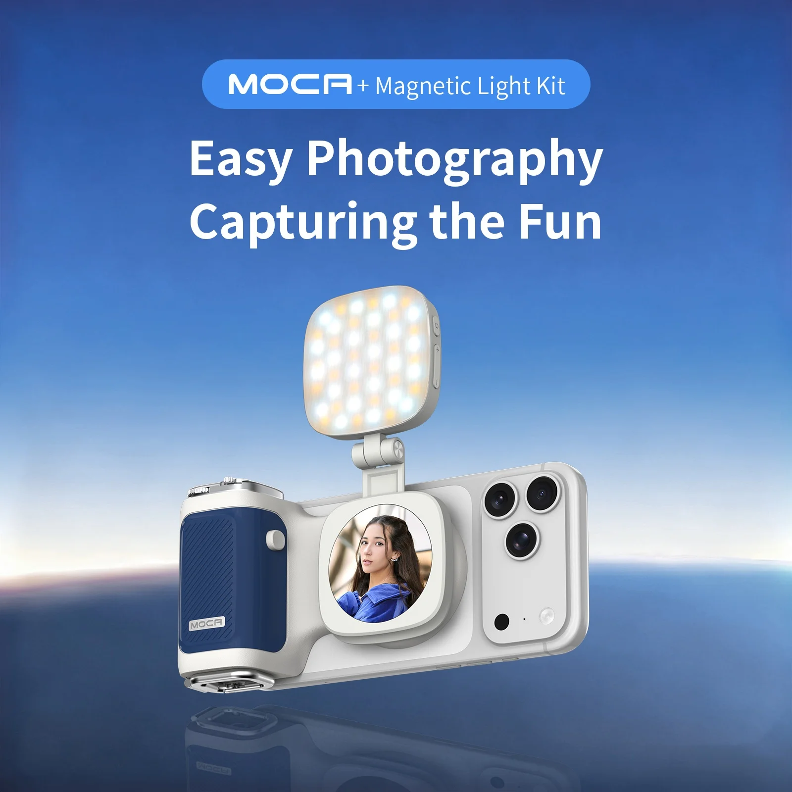 قبضة إطلاق مريح من COMITOK MOCA لهواتف iPhone، قفل التركيز/مصراع DSLR، جهاز تحكم عن بعد قابل لإعادة الشحن + مرآة اختيارية/إضاءة ملء