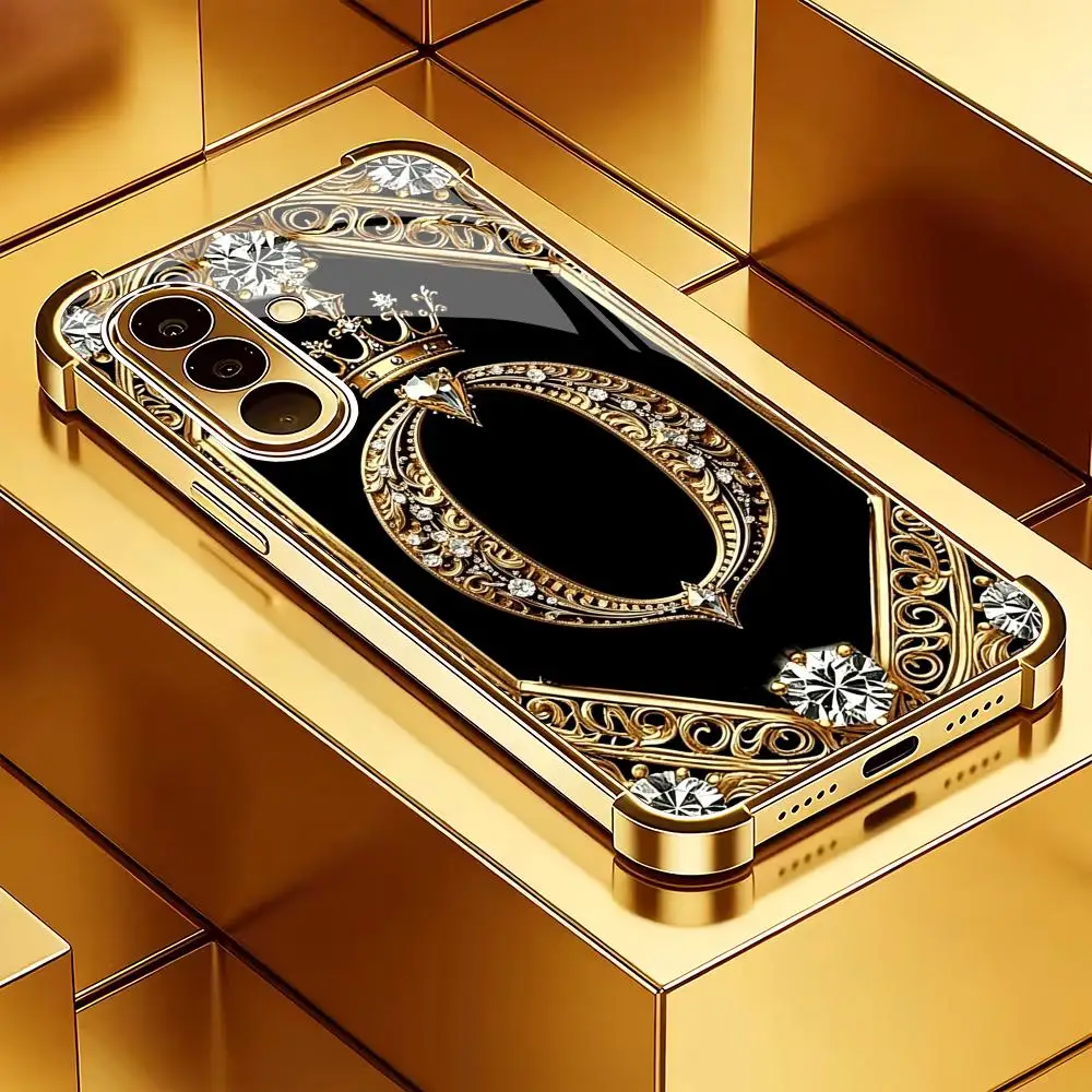 Crown letter O electroplated glass phone case suitable for Samsung Galaxy S26 S25 S24 S22 S21 S20 FE/Ultra/Plus anti drop
