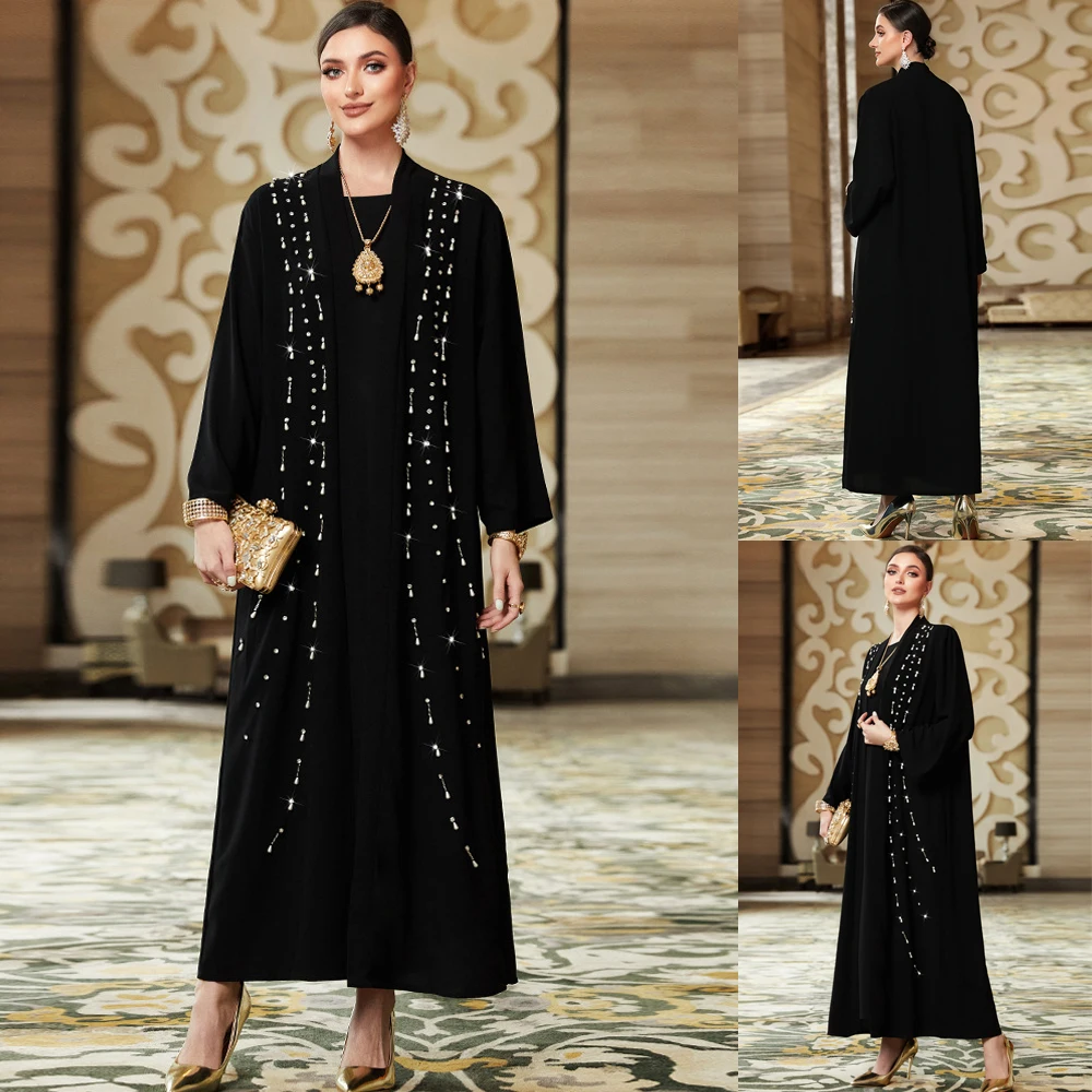 Luxury Black Beading Cardigan Coat Kimono Long Sleeve Dubai Open Abaya Kaftan Muslim Party Dress Turkey Arab Robe Women Clothing