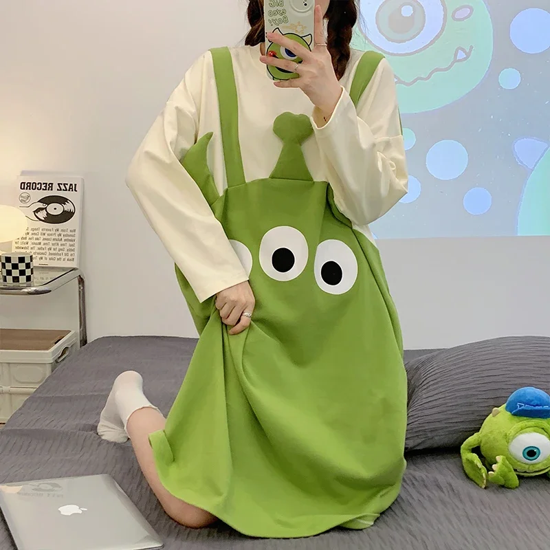 three-eyed dress cartoon pure cotton round neck long-sleeved casual dress silk pajamas women's Disney women's pajamas clothing