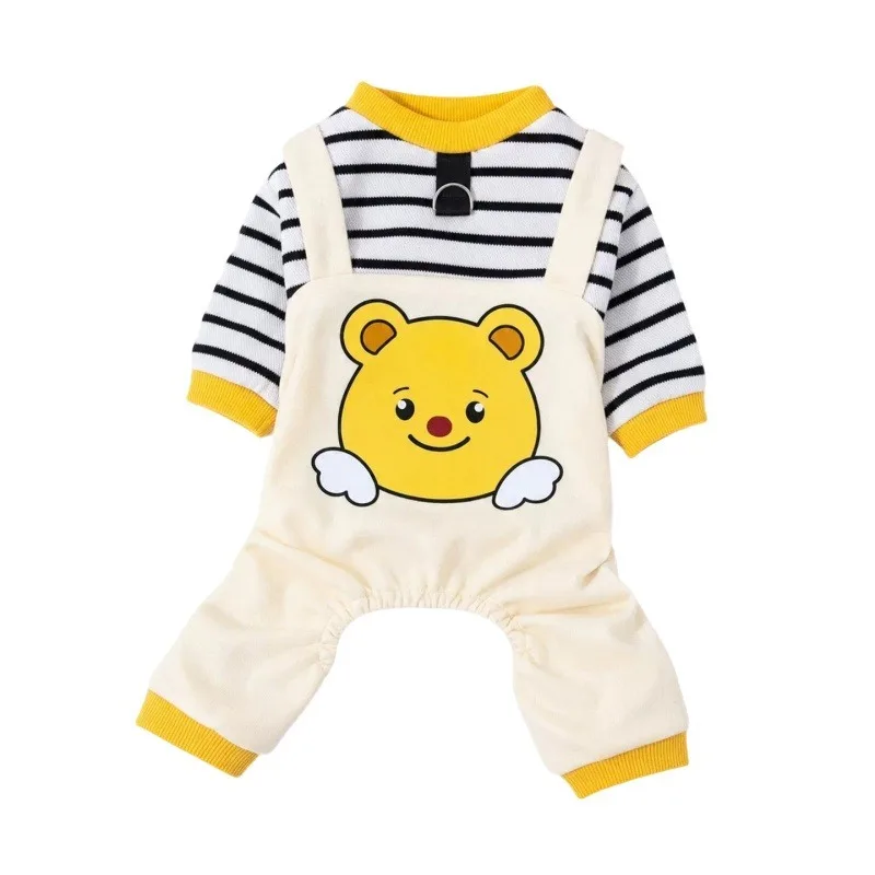 Fashion Striped Dog Jumpsuit for Small Dogs - Warm 4-Leg Fleece Outerwear, Autumn/Winter Faux Two-Piece Teddy Hoodie for Bichon