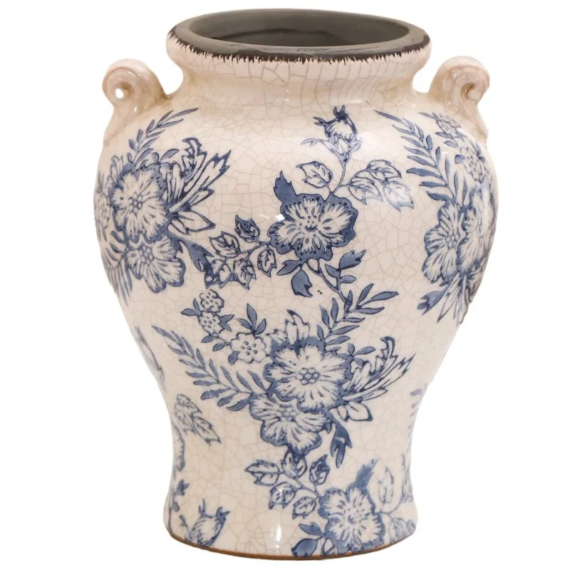 Nordic Style Blue and White Porcelain Ceramic Vase with Ice-Crack Pattern, Decorative Figurine for Living Room and Entrance