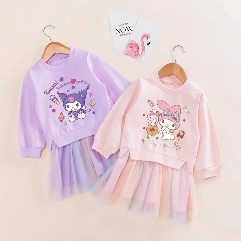 

Children Y2k Dress Spring Autumn Kawaii My Melody Sanrio Ins Baby Gauze Dress Cute Kuromi Long Sleeve Hooded Skirt Kids Gifts