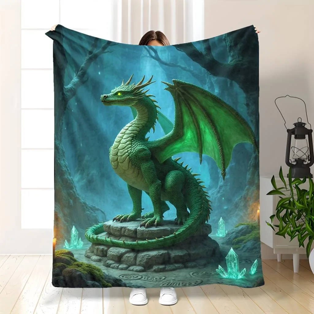 

Mystic Emerald Dragon Throw Blanket - Enchanted Cave & Crystal Pattern Cozy Sofa Bed Cover for Fantasy Modern Home Decor