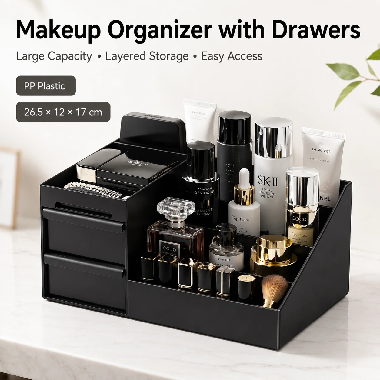 Schwarzer Kosmetik-Organizer aus PP mit Schubladen für den Schreibtisch – Lippenstifthalter für Badezimmer und Schminktisch