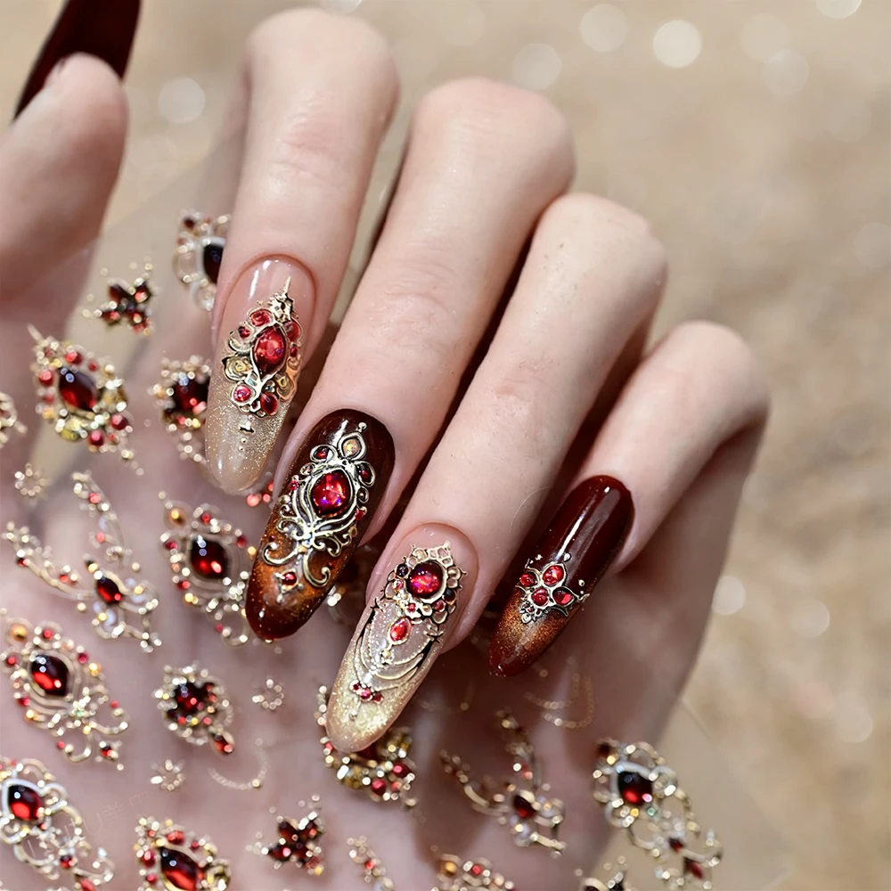 Vintage Red Ruby Rhinestone Nail Stickers Gold Filigree Baroque Nail Decals, Luxury Retro Gem Self Adhesive Sliders for Wedding Party Elegant DIY Manicure Nail Art Decor Supplies