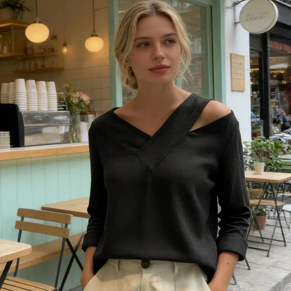 

Летняя женская футболка с открытыми плечами и V-образным вырезом, однотонная, с длинными рукавами, в расслабленном стиле, элегантная женская блузка