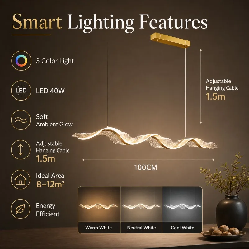 100cm Wave Ribbon LED Pendant Light Modern 3 Color Dimmable Hanging Lamp for Dining Room Study Bar Kitchen Island Pendant Light