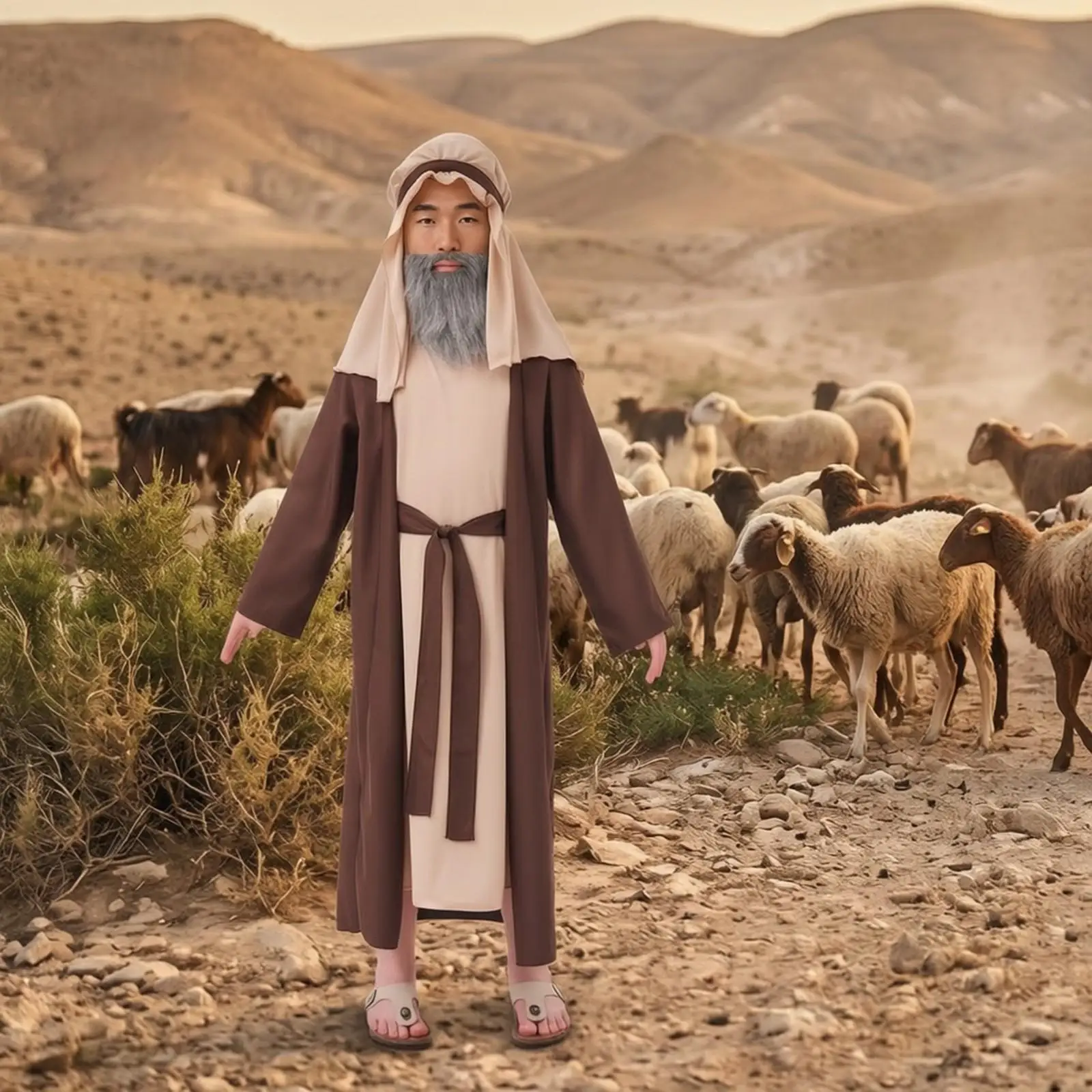Men Costume Brown Beige Long Sleeve Robe with Hood and Beard for Nativity Play Kids Historical Dress Up
