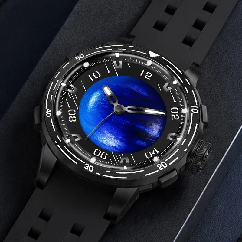 PINDU Design Original Automatic Mechanical Watch Luxury Galaxy Planet Dial Stainless Steel Luminous Waterproof Watch Miyota 8215