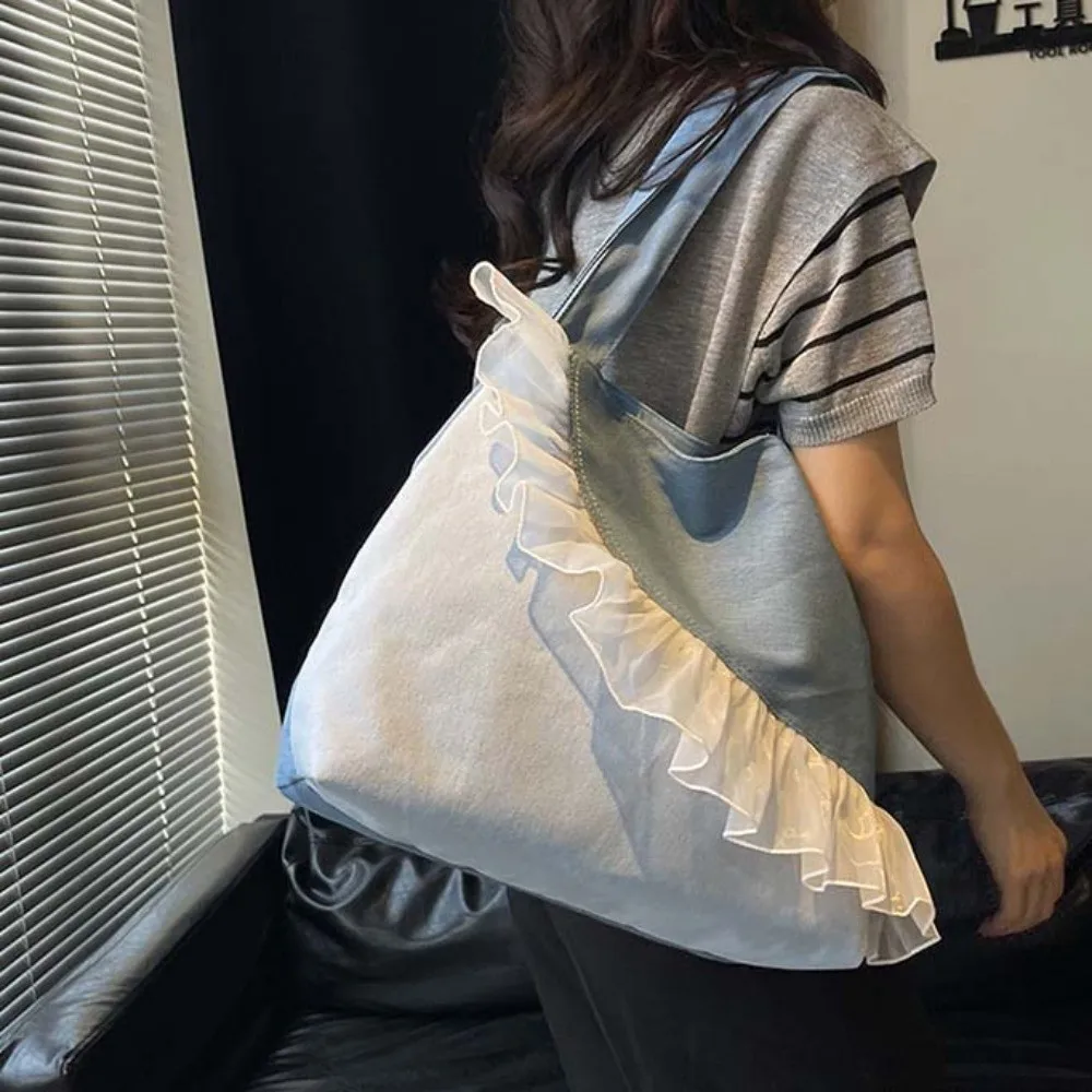 

Fashion Portable Denim Blue Tote Bag Korean Style PU Commuting Shoulder Pouch Vintage Versatile Canvas Lace Handbag Spring