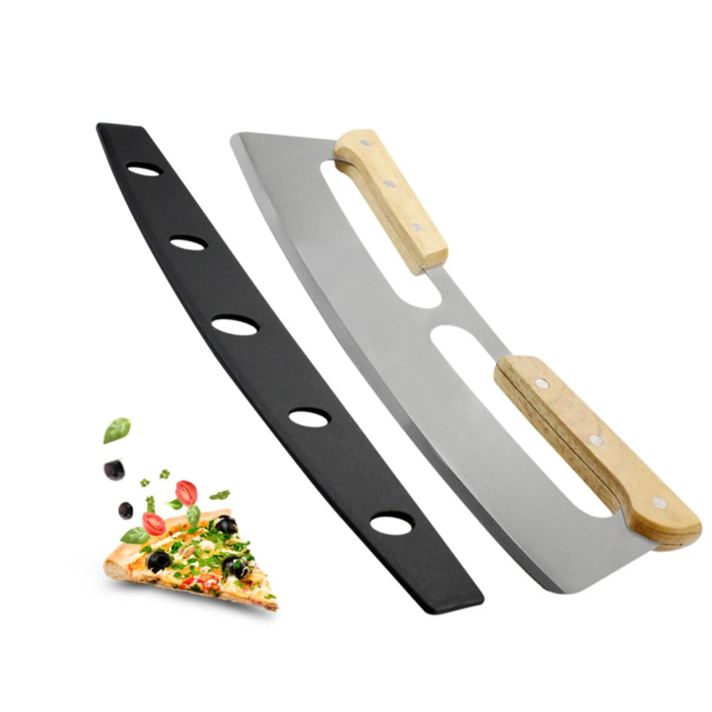 Stainless Steel Pizza Cutter Arc Pizza Slicer Baking Tool Curved Knife Bread Swing Knife+ Safe Wooden Handle Kitchen Supplies