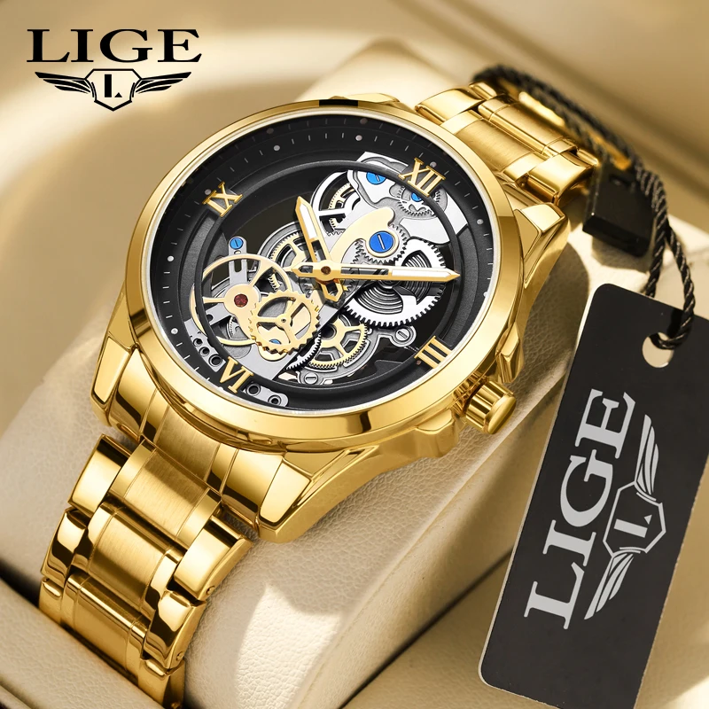 LIGE Men Watch Skeleton Quartz Wristwatch Gold Skeleton Retro Man Watch Top Brand Luxury Clock Mens Watches Relogios Masculino