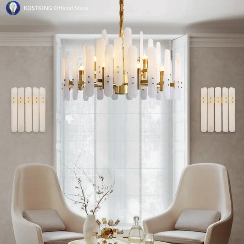 Home Deco E14 LED Natural Marble Collection 2025 Chandelier Alabaster Hanging Lamps Suspension Luminaire Lampen For Living Room