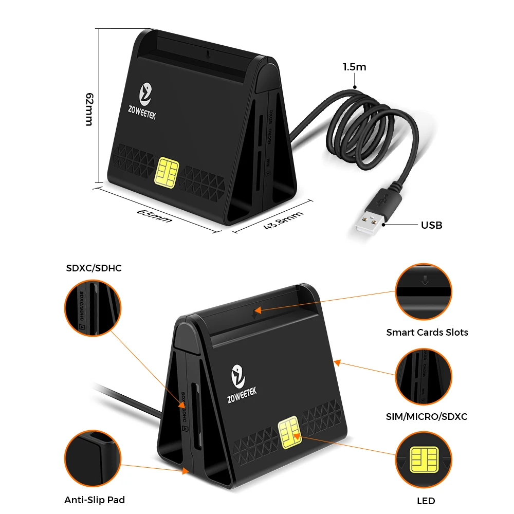 New Zoweetek Multi-Function USB Smart Card Reader for DNI CAC EMV Bank Micro SD/TF Memory SIM ID Card Reader