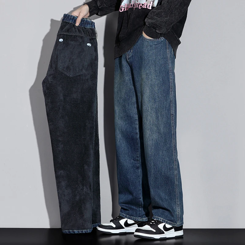 2024 Winter Warm Jeans Men Baggy Pants Fleece Thicken Jeans Wide Leg Men's Trousers Loose Fit Streetwear Denim Pants Cowboys