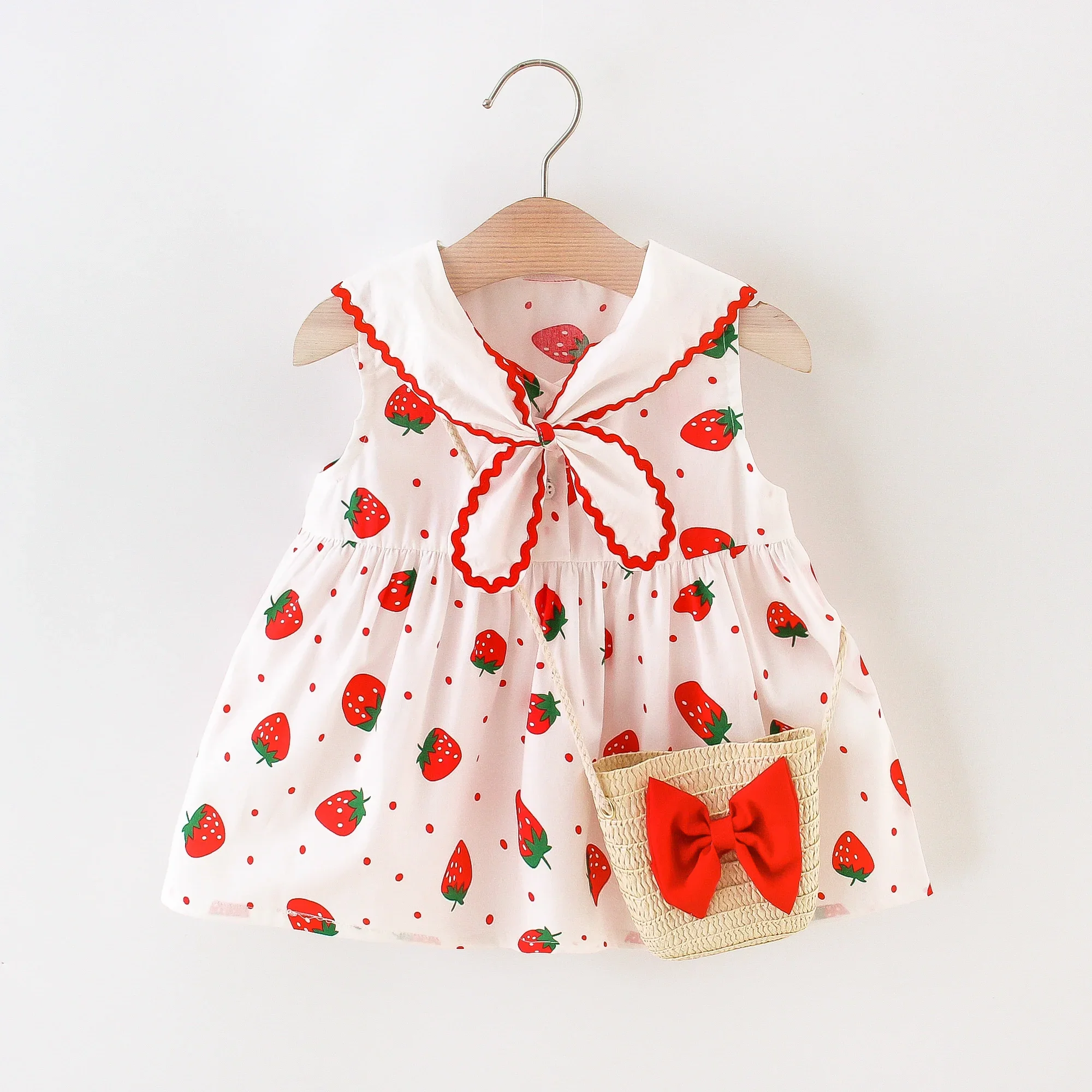 Girls Fashion Navy Blue Collar Strawberry 9 Months to 3 Years Old Sleeveless Gift Bag 2023 Round Neck Cotton Summer Dress