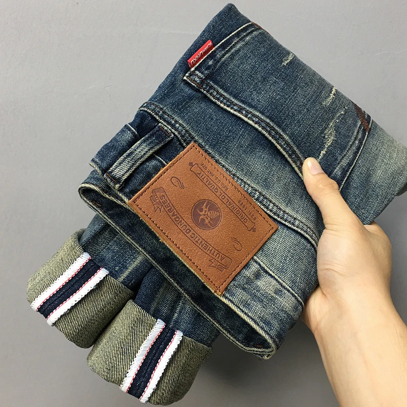 American Vintage Casual Heavy Washed Denim Jeans for Men Heavyweight Slim Fit Straight Pants High Street Fashion Autumn Scratch