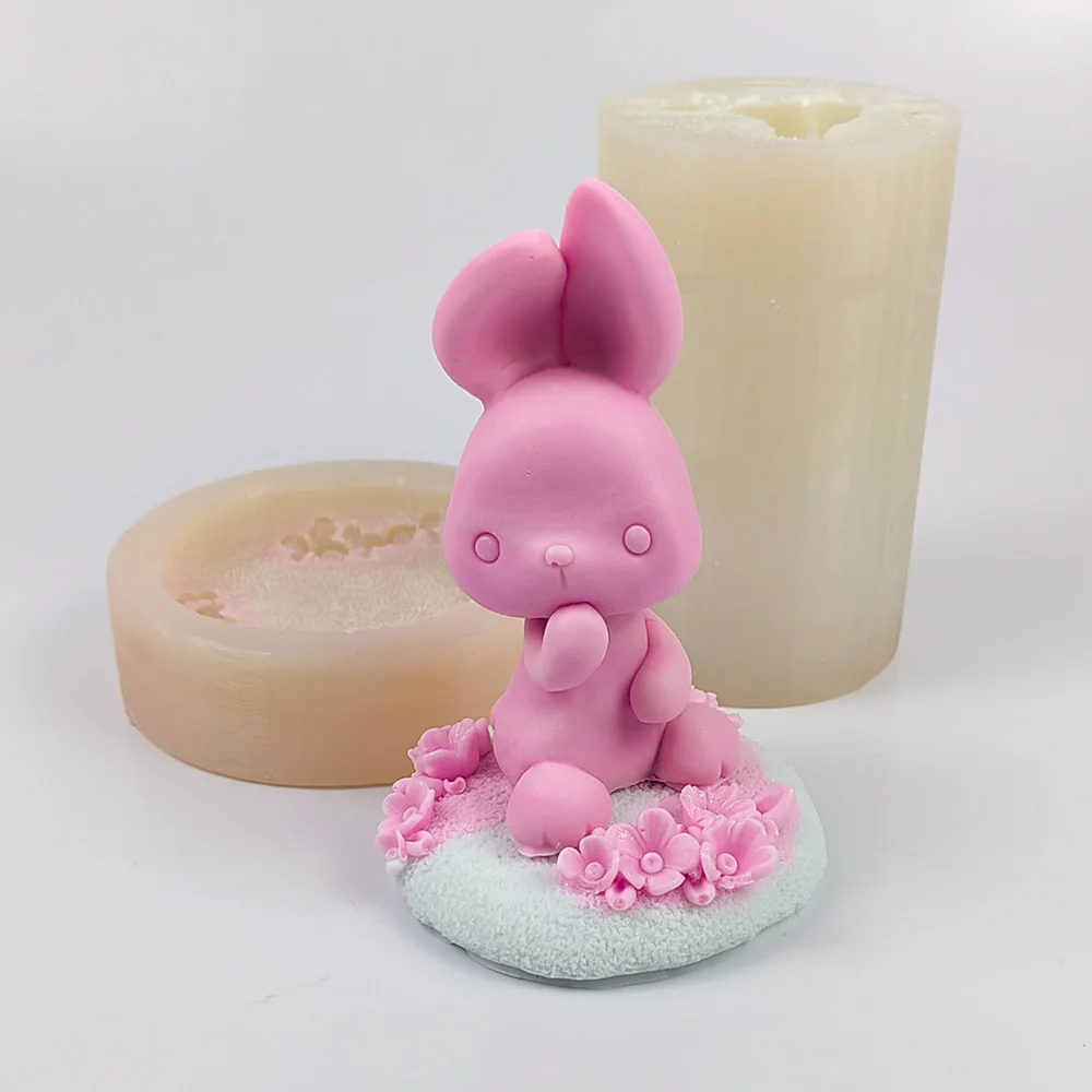 

3D Animals Moulds Soap Bunny Molds Cute Rabbit With Base Sitting On The Grass Candle Mold Silicone Wedding Birthday DW0515