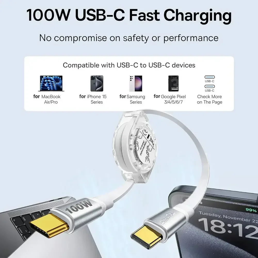 PD 100W USB C Retractable Data Cable, For iPhone 15 Pro Max For MacBook Samsung Fast Charge Cord For iPad Type C Laptop Switch