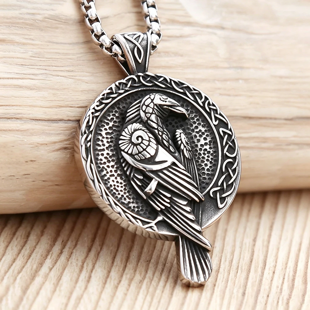 316L Stainless Steel Viking Odin Crow Pendant Necklace Vintage Celtic Knot Men Amulet Jewelry Gift Wholesale Dropshipping
