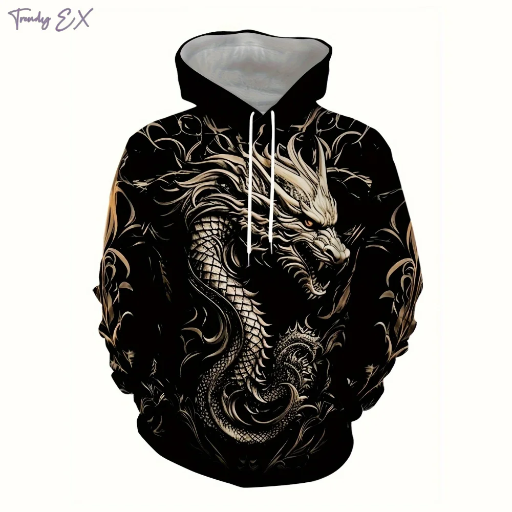 Dragon Pattern Print Hooded Sweatshirt Man Classic Streetwear Oversized Hoodie Casual Kangaroo Pocket Long Sleeve Sweatshirts