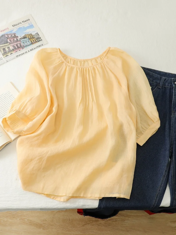 

Japanese Sle Bubble Sve Linen irt Women's Summer Casual round Ne Loose Fit Top Button up ort Sve Color