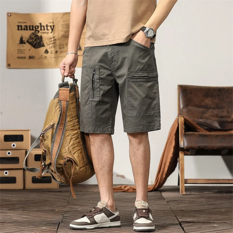 

Cotton Cargo Shorts Men's Summer Casual Retro Khaki Zipper Pocket Five Quarter Pants Climbing Hunting Loose Men's Work Pants