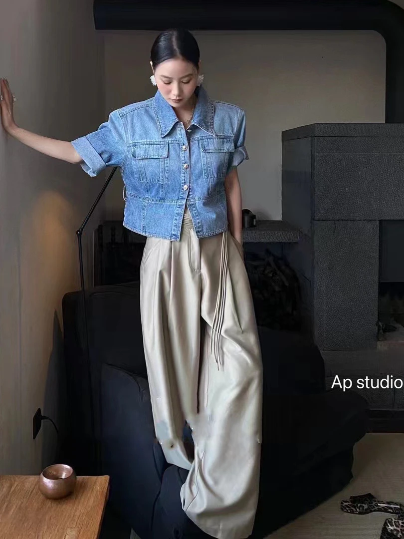 

Джинсовый тюнер с талией в стиле ретро, женский свободный пояс с поясом, пальто с воротником, двойной утягивающий топ, хлопковые джинсы, материал