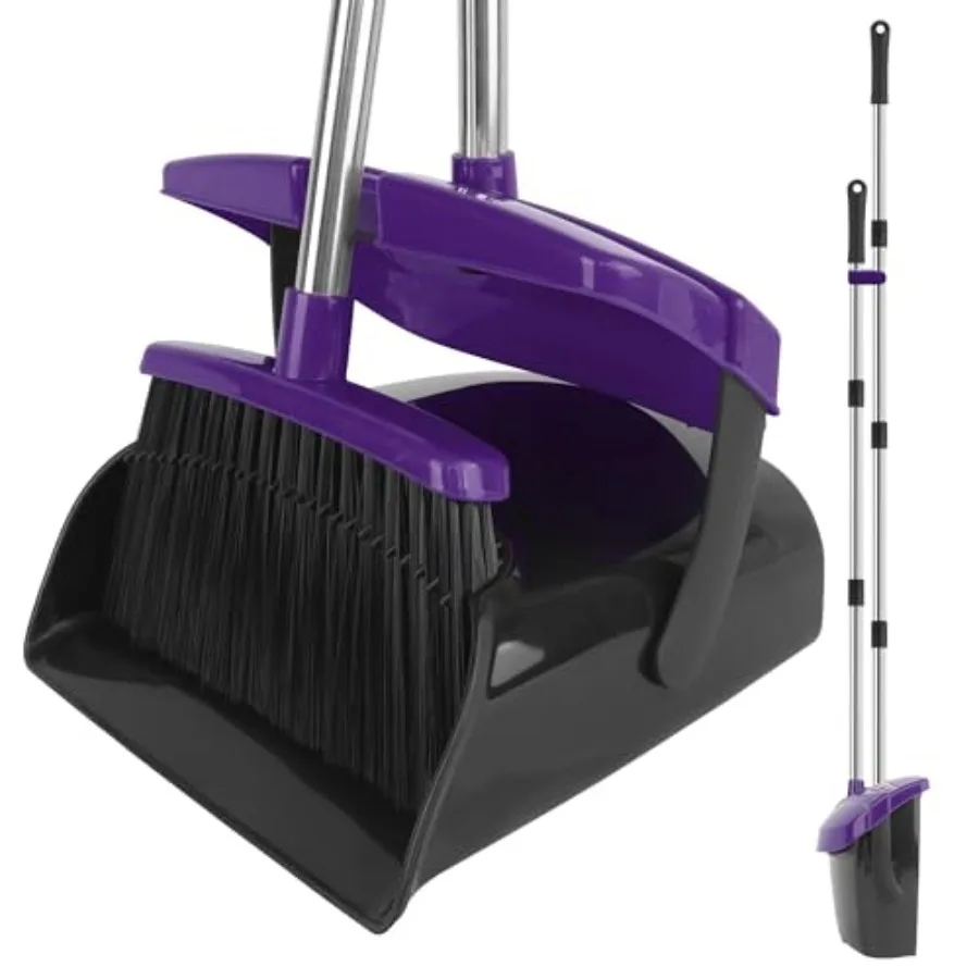 

Broom and Dustpan Set 51" Long Handle Broom with Dustpan Combo Set Windproof and Self-Cleaning Teeth Purple Household Dust Pan