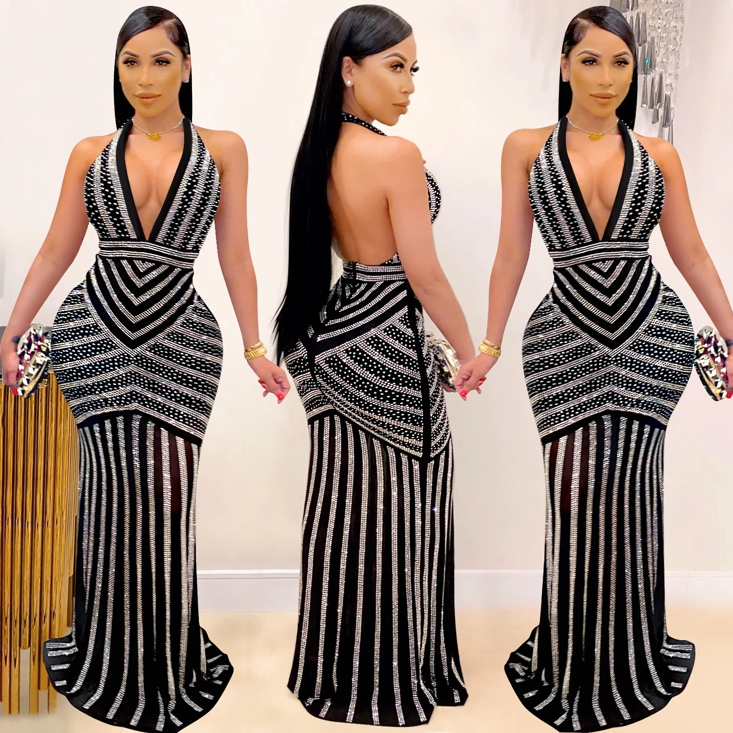 

Fashion and sexy deep V backless nightclub party dress, hot diamond perspective long dress, temperament is thin, high-end luxury