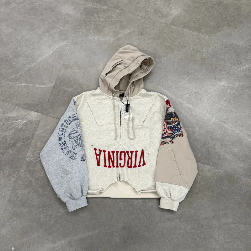 

Worn-In Zipper Hoodie Jacket Men's Loose Fit Cotton Sweatshirt with Reverse Mosaic Design And Elastic Function for Autumn